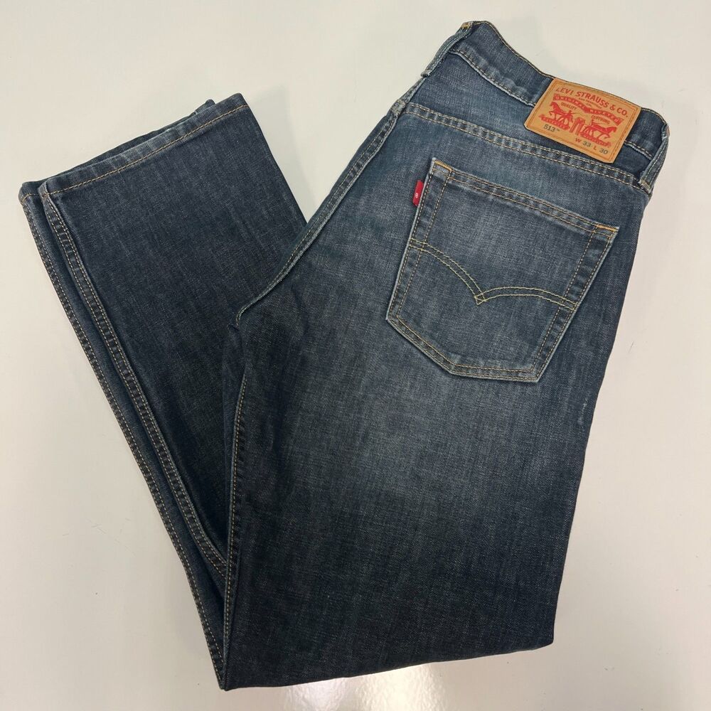 Levi's 513 Mens 32x29 Jeans Dark Wash Blue Straight Slim Denim Red Tab Faded